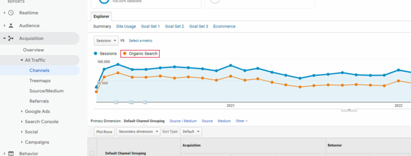 Traffic source data from Google Analytics with organic traffic highlighted.