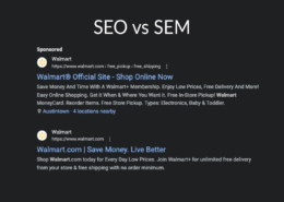 A paid Google Ad over an organic search ranking demonstrating the difference of SEO vs SEM.