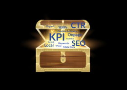 An open treasure chest with different SEO tools and strategies.