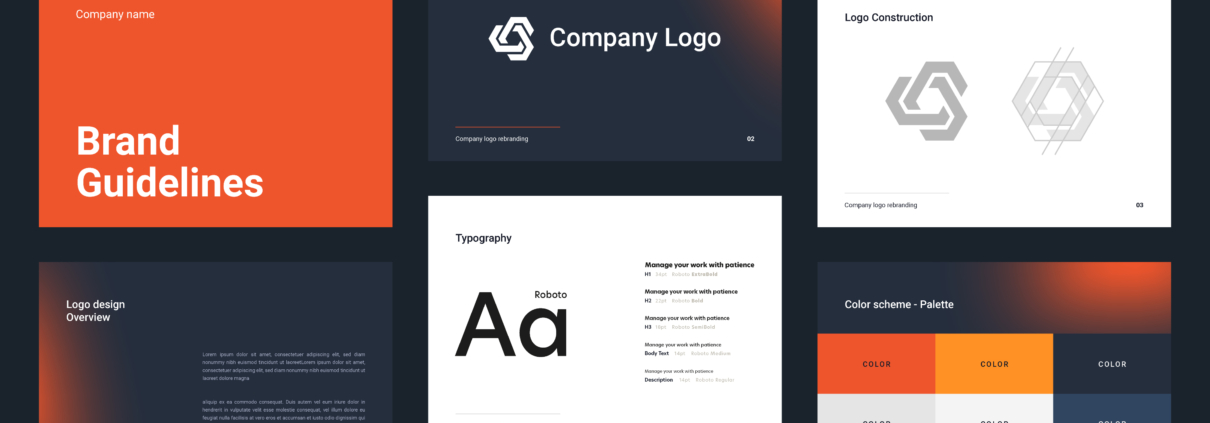 A brand style guide with a collection of different colors and fonts.