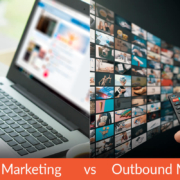 A social media post on one side and a television ad on the other, showing inbound vs. outbound marketing.