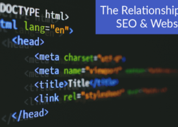 An image of HTML code next to the words “The Relationship Between SEO and Website Design."